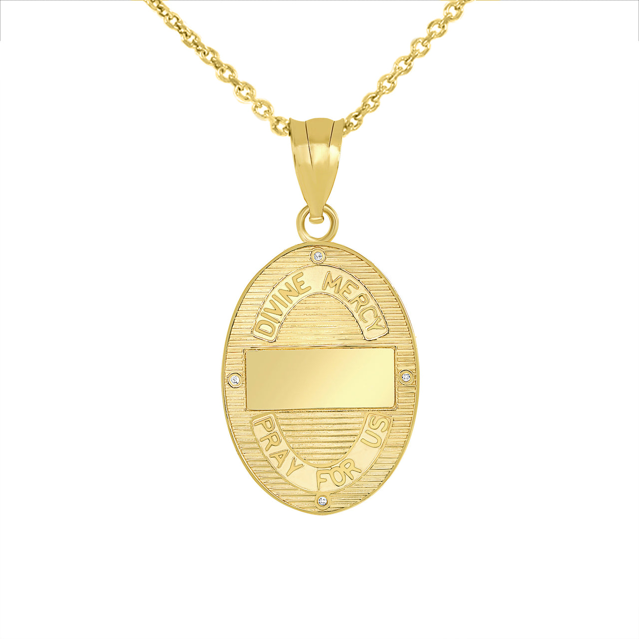 Gold Divine Mercy Oval Engravable Medallion with Diamonds Pendant Necklace, view 2