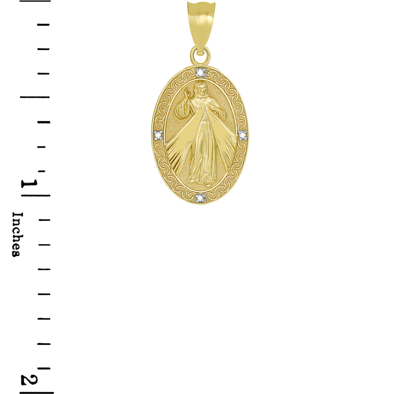 Gold Divine Mercy Oval Engravable Medallion with Diamonds Pendant Necklace, view 3