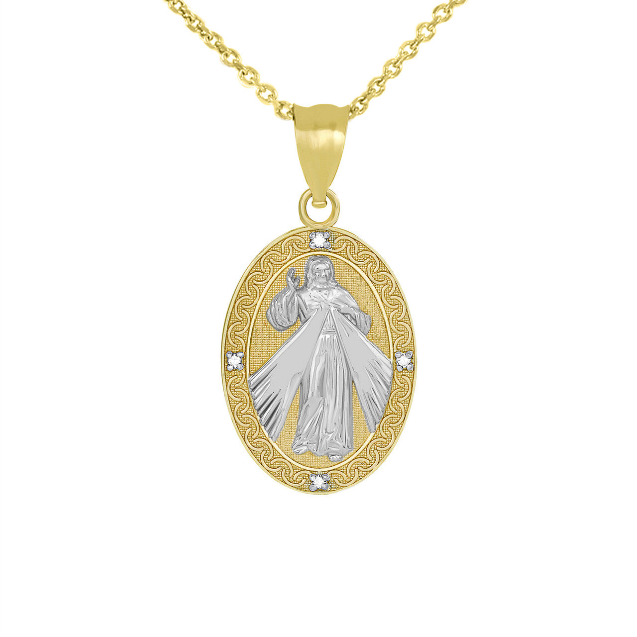 Gold Divine Mercy Oval Engravable Medallion with Diamonds Pendant Necklace, view 4
