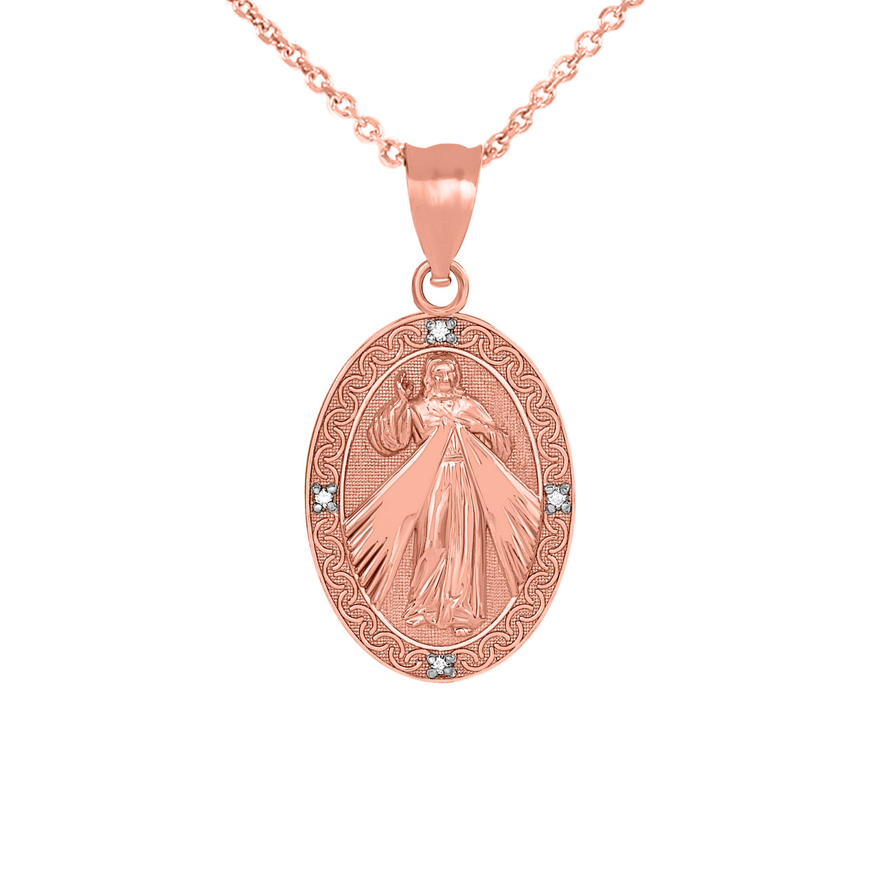 Gold Divine Mercy Oval Engravable Medallion with Diamonds Pendant Necklace, view 6