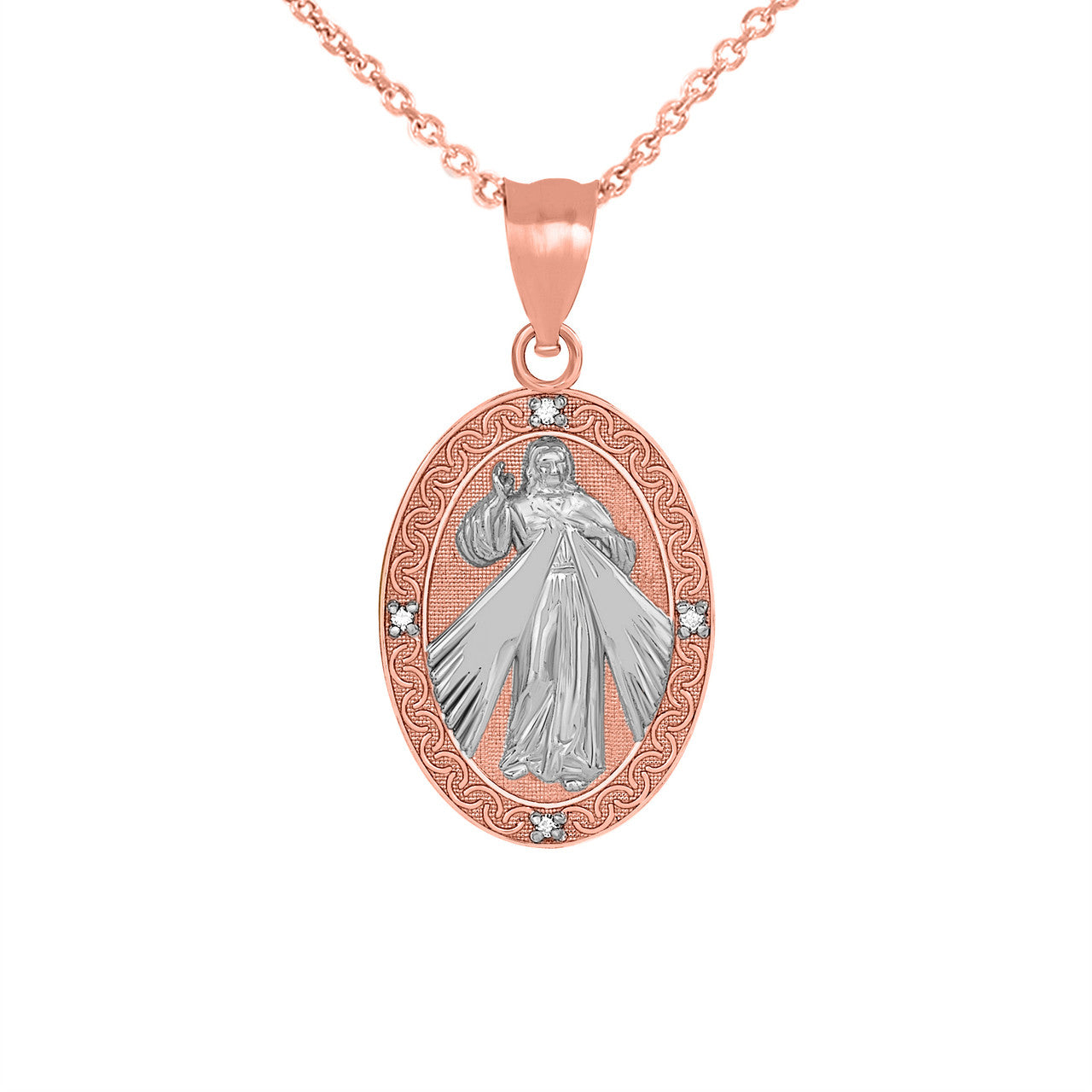 Gold Divine Mercy Oval Engravable Medallion with Diamonds Pendant Necklace, view 8