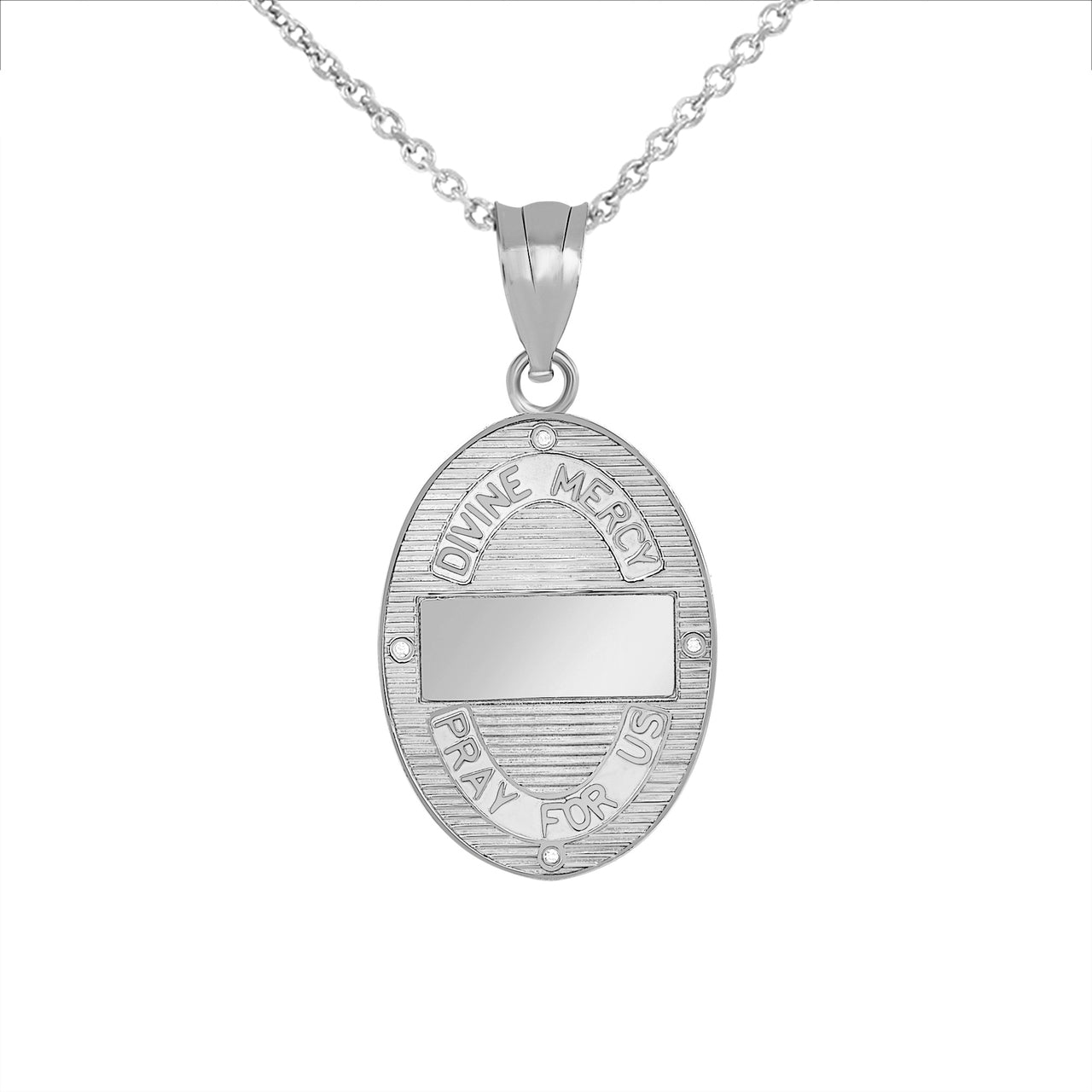 Gold Divine Mercy Oval Engravable Medallion with Diamonds Pendant Necklace, view 11