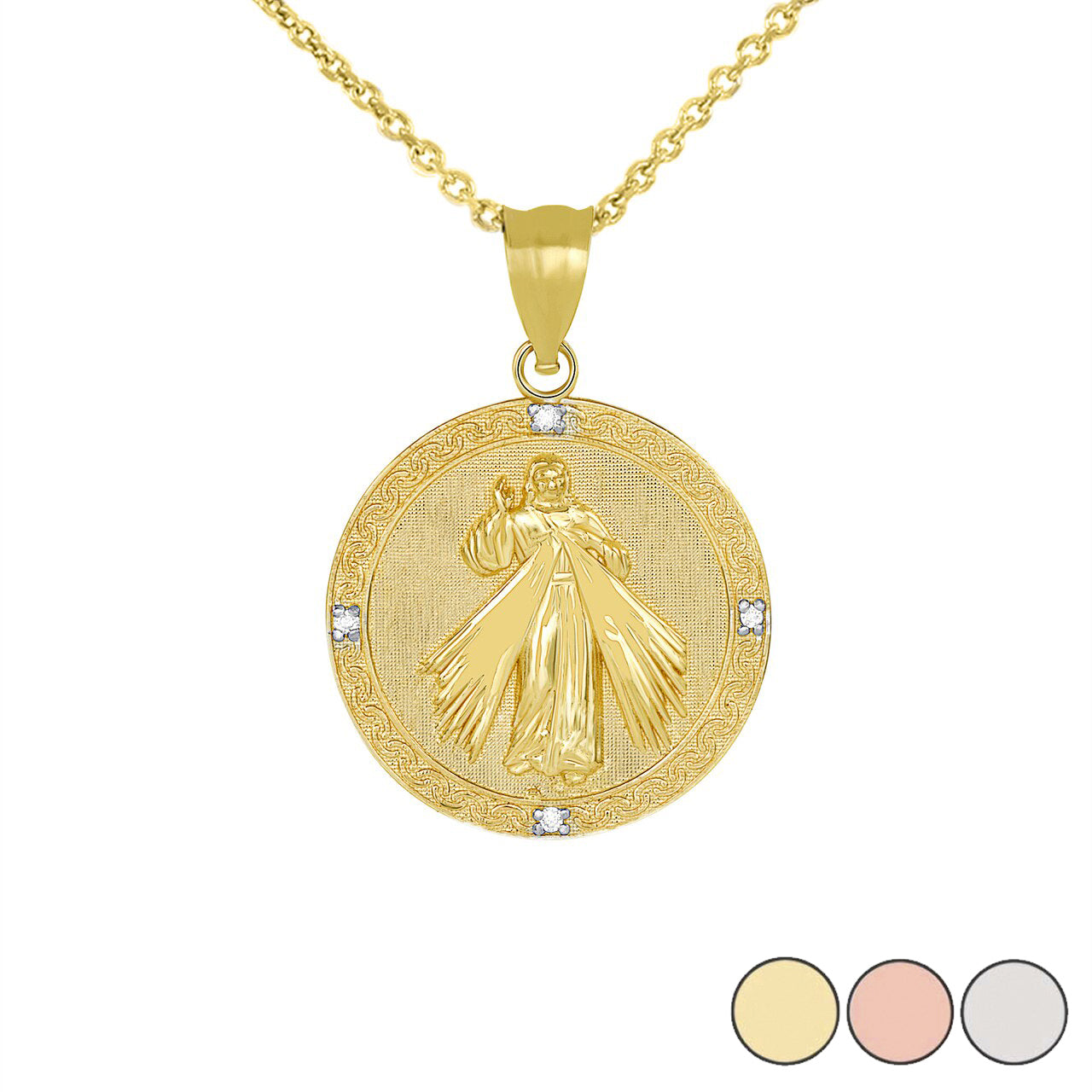Gold Divine Mercy Round Engravable Medallion with Diamonds Pendant Necklace