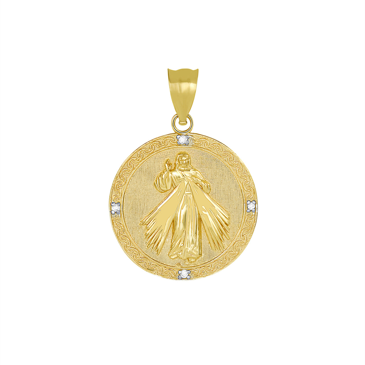 Gold Divine Mercy Round Engravable Medallion with Diamonds Pendant Necklace, view 3