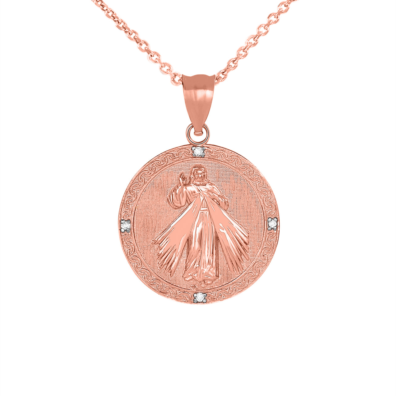Gold Divine Mercy Round Engravable Medallion with Diamonds Pendant Necklace, view 6