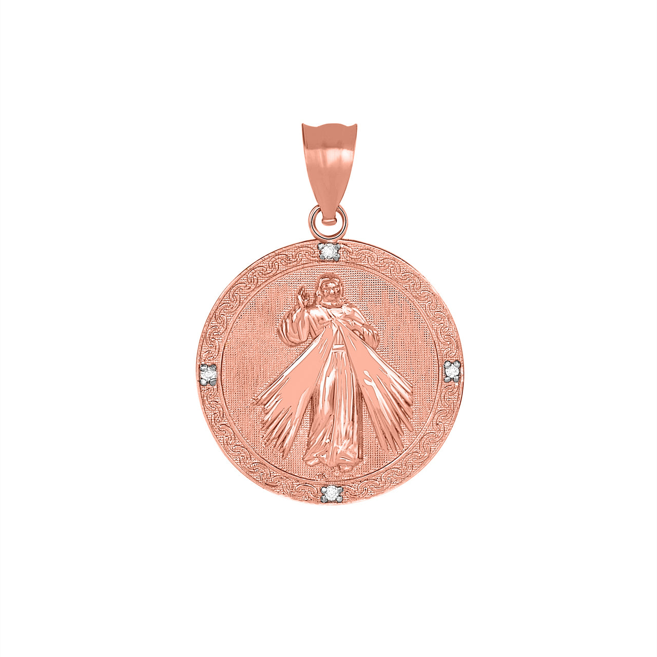 Gold Divine Mercy Round Engravable Medallion with Diamonds Pendant Necklace, view 7
