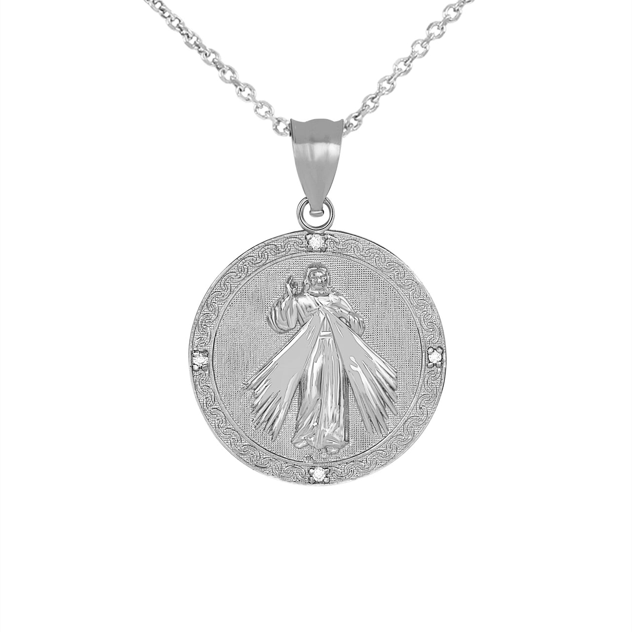 Gold Divine Mercy Round Engravable Medallion with Diamonds Pendant Necklace, view 10
