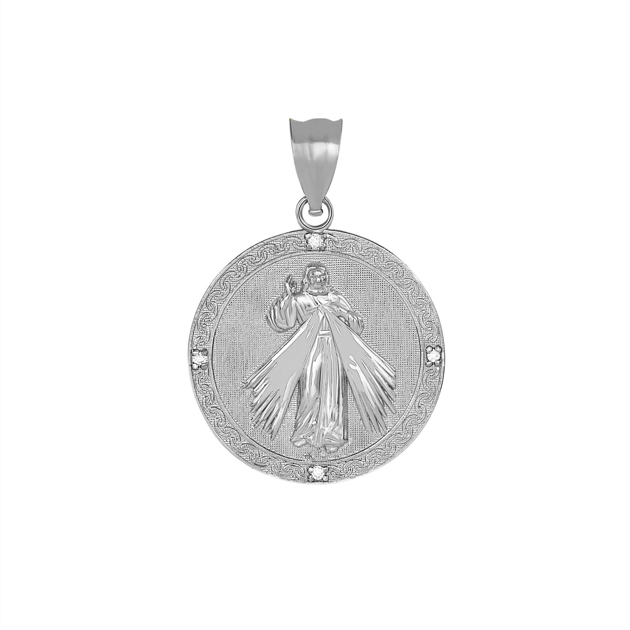 Gold Divine Mercy Round Engravable Medallion with Diamonds Pendant Necklace, view 11