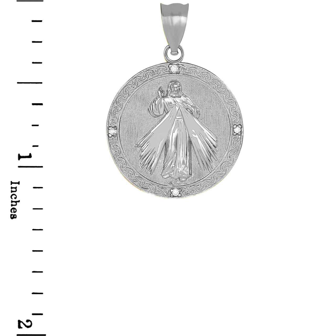 Gold Divine Mercy Round Engravable Medallion with Diamonds Pendant Necklace, view 13