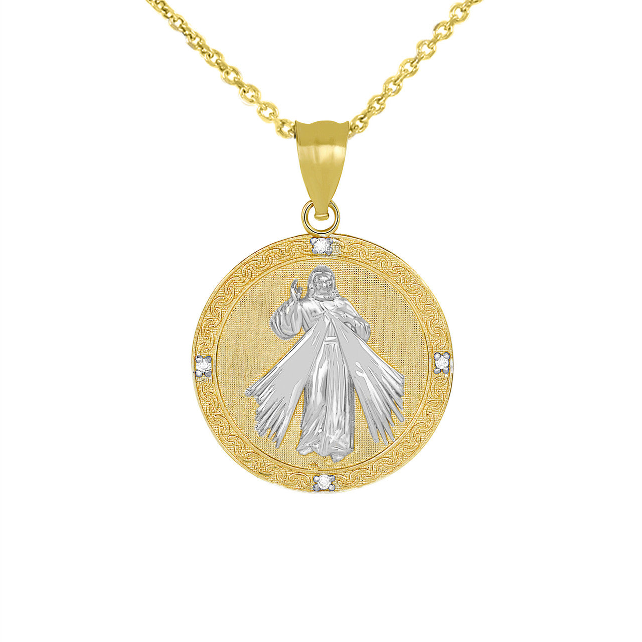 Gold Divine Mercy Round Engravable Medallion with Diamonds Pendant Necklace, view 14