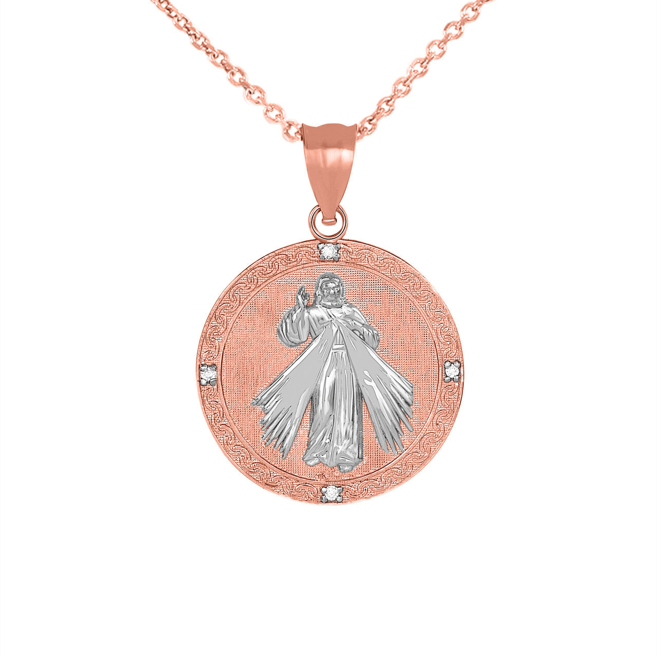 Gold Divine Mercy Round Engravable Medallion with Diamonds Pendant Necklace, view 15