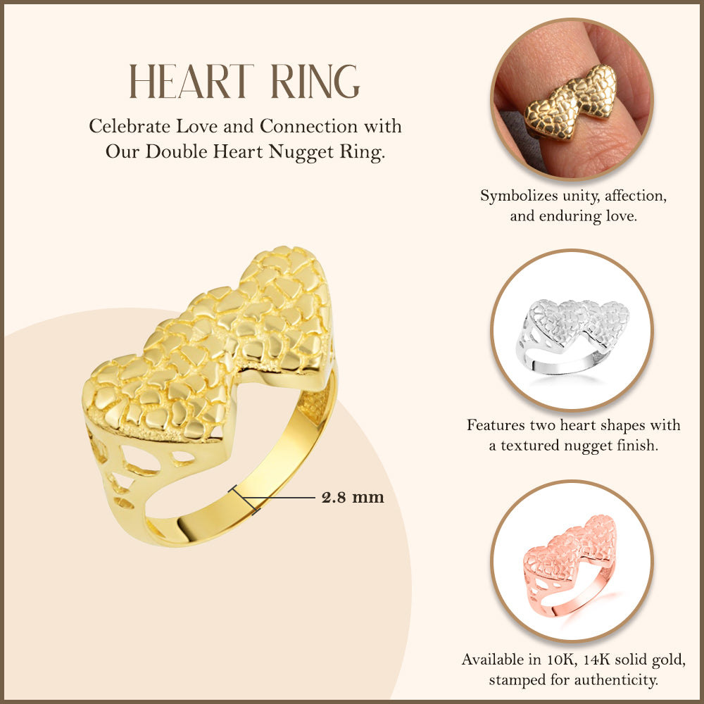 Gold Double Heart Nugget Ring, view 3