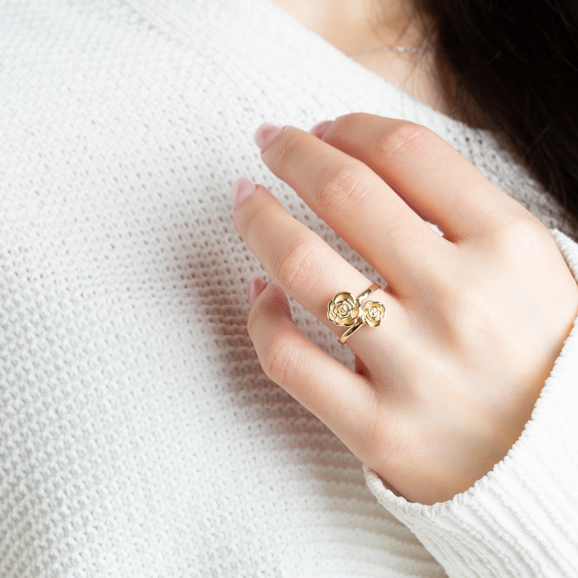 Gold Double Rose Flower Band Ring, view 2