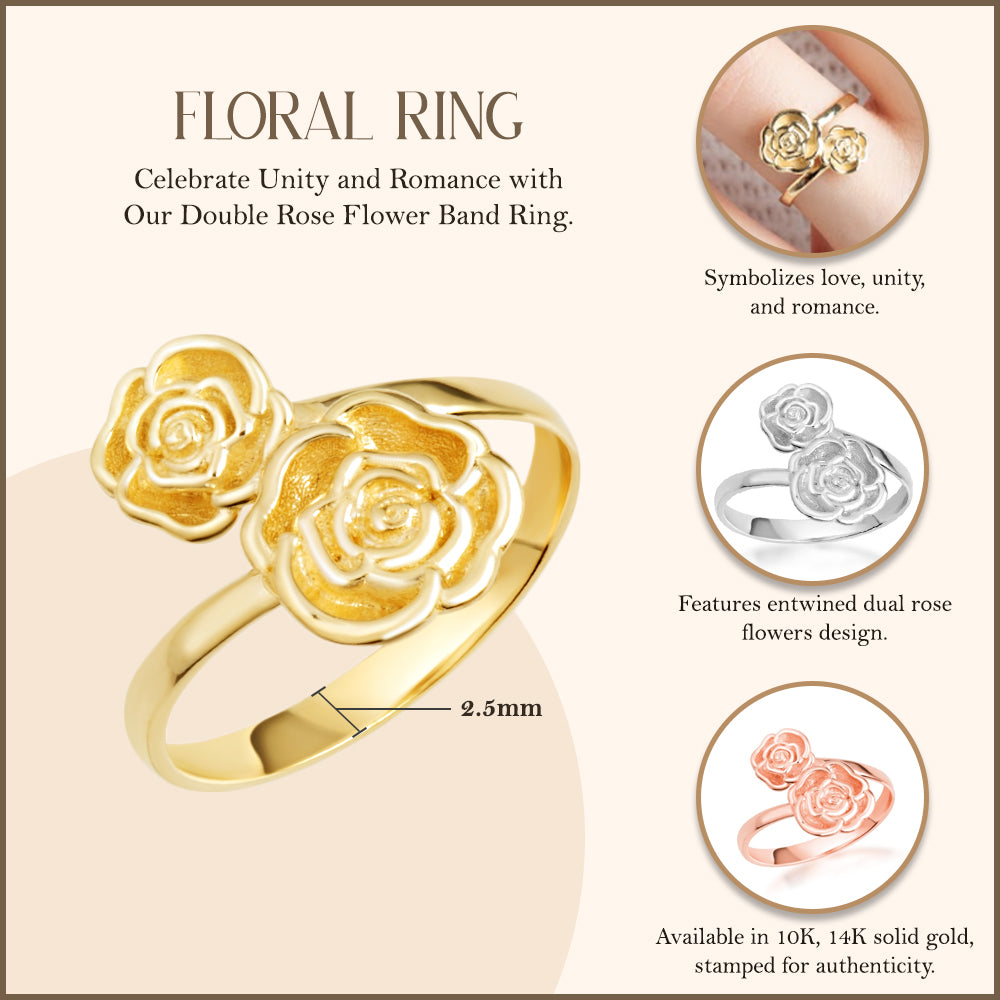 Gold Double Rose Flower Band Ring, view 3
