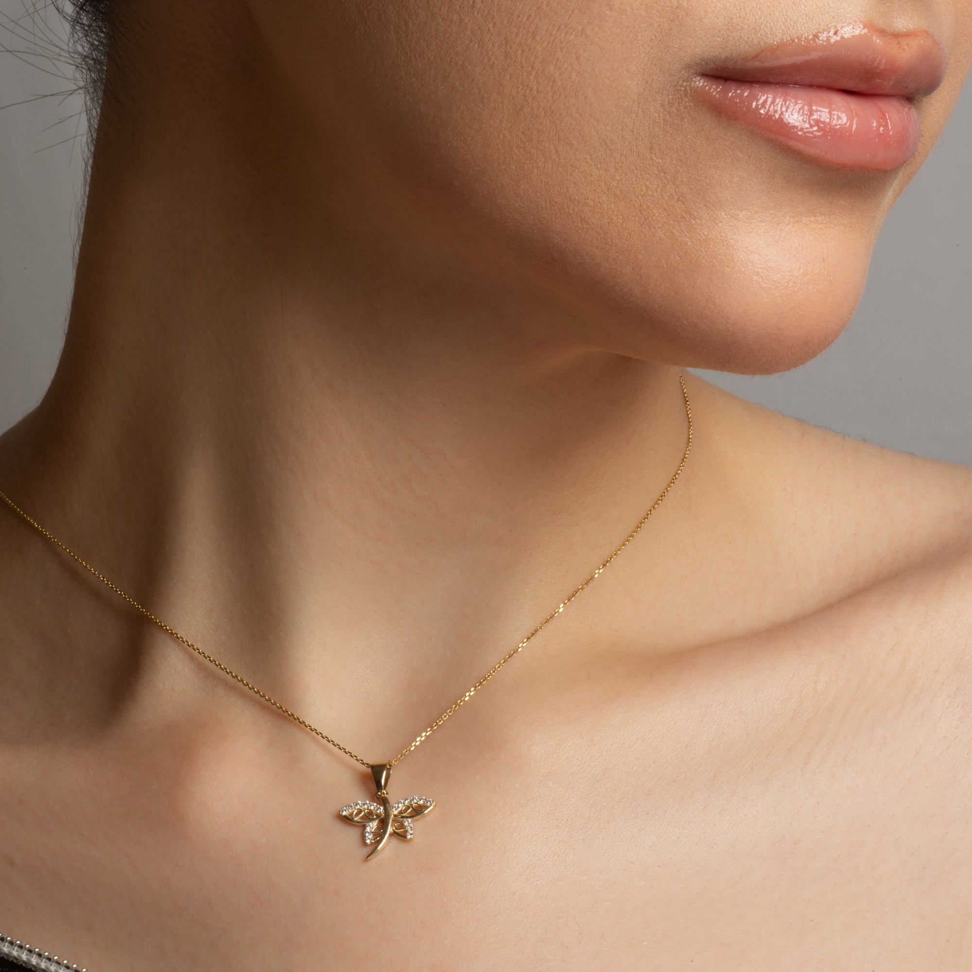 Gold Dragonfly Studded Nature Pendant Necklace, view 2
