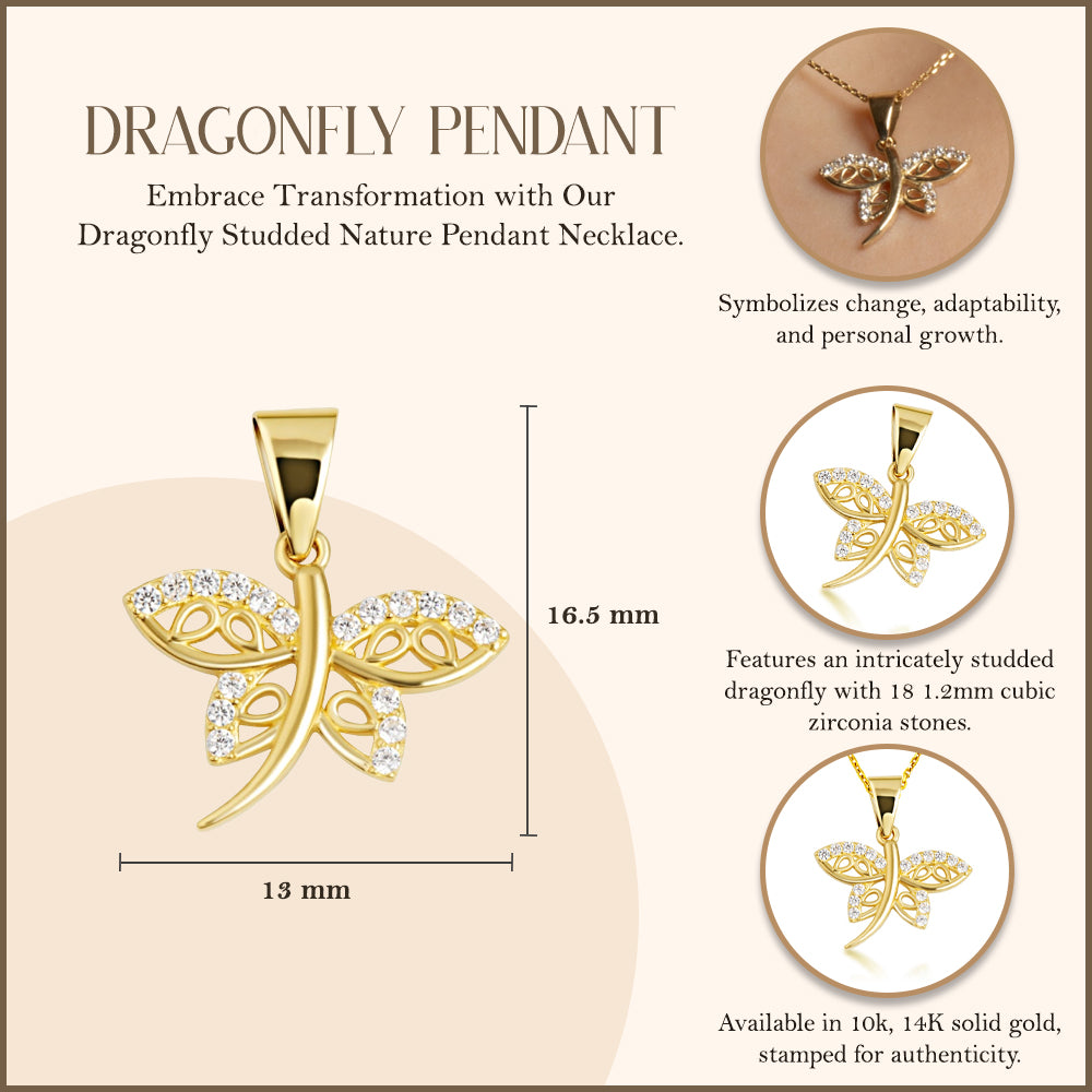 Gold Dragonfly Studded Nature Pendant Necklace, view 3