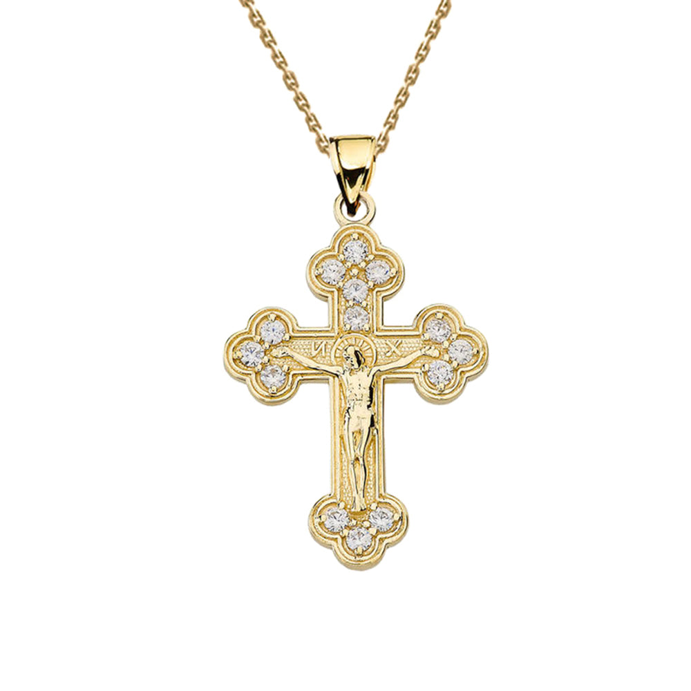 Gold Eastern Orthodox Diamond Crucifix Pendant Necklace