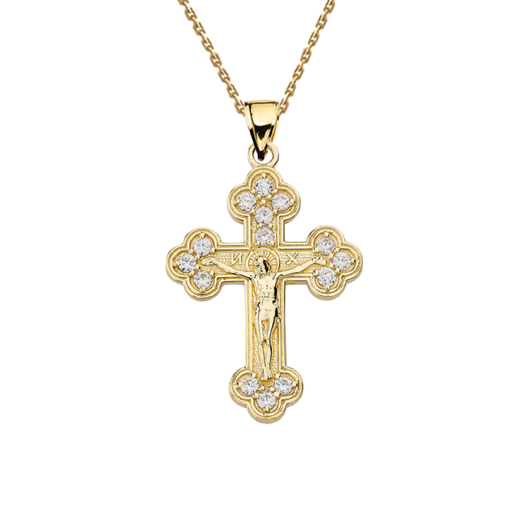 Gold Eastern Orthodox Diamond Crucifix Pendant Necklace