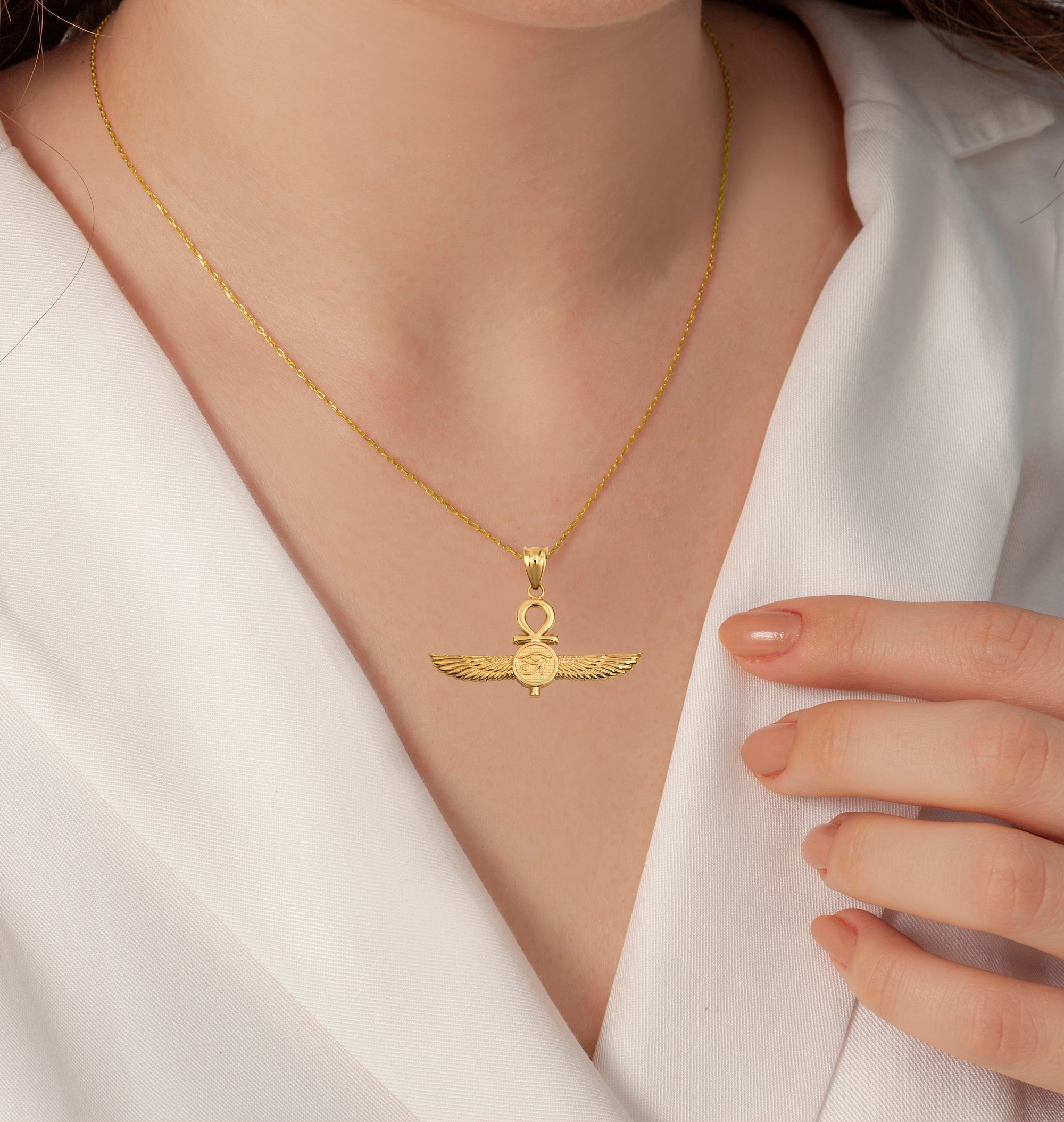Gold Egyptian Ankh Cross Eye Of Horus Wedjat Winged Goddess Isis Protection Pendant Necklace, view 3