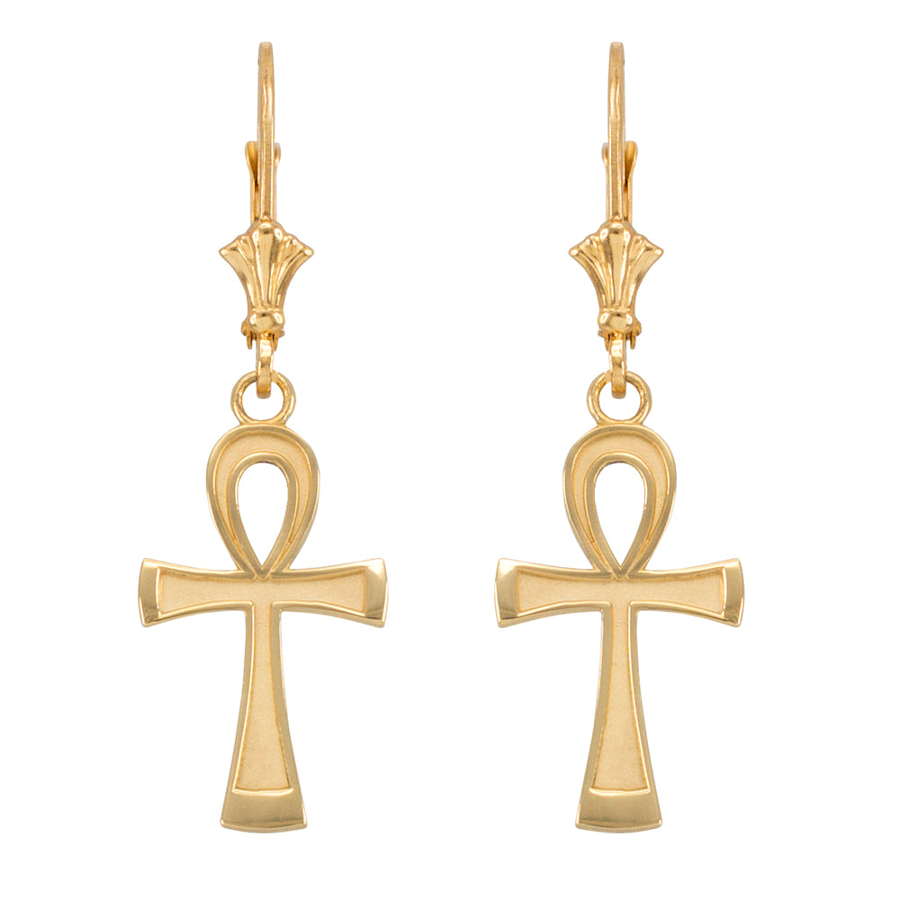 Gold Egyptian Ankh Cross Leverback Earrings
