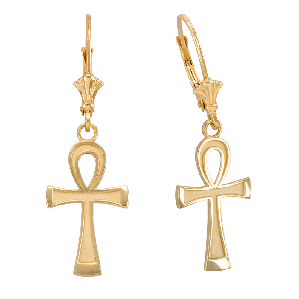 Gold Egyptian Ankh Cross Leverback Earrings, view 2