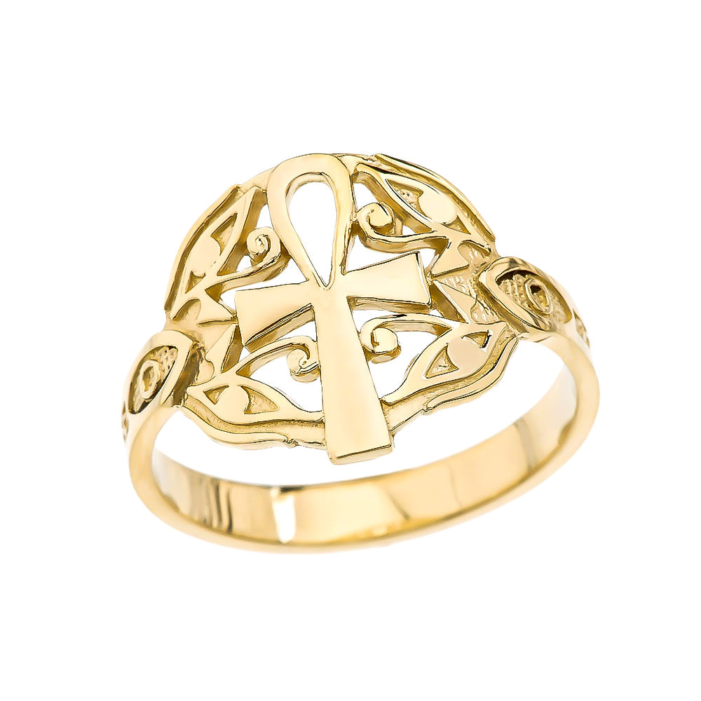 Gold Egyptian Ankh Cross with Eye of Horus Ring, view 4