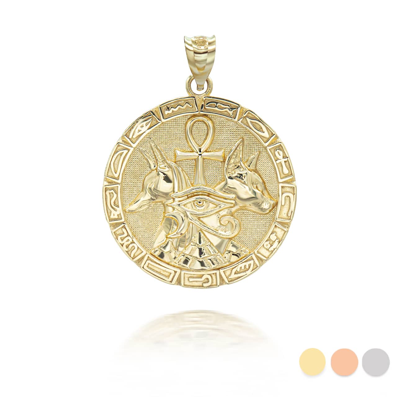 Gold Egyptian Anubis & Bastet Eye of Horus Ankh Medallion Pendant Necklace
