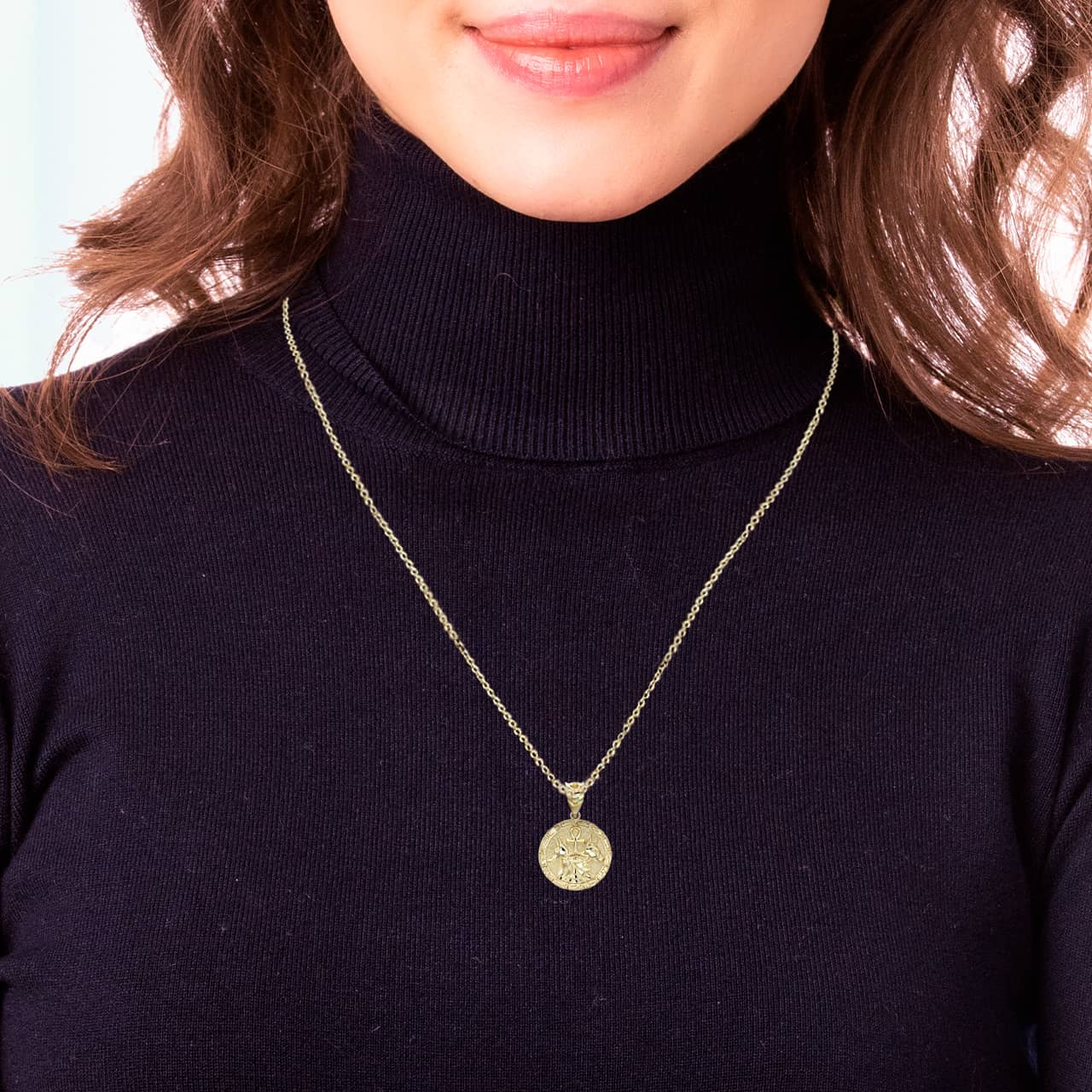 Gold Egyptian Anubis & Bastet Eye of Horus Ankh Medallion Pendant Necklace, view 2