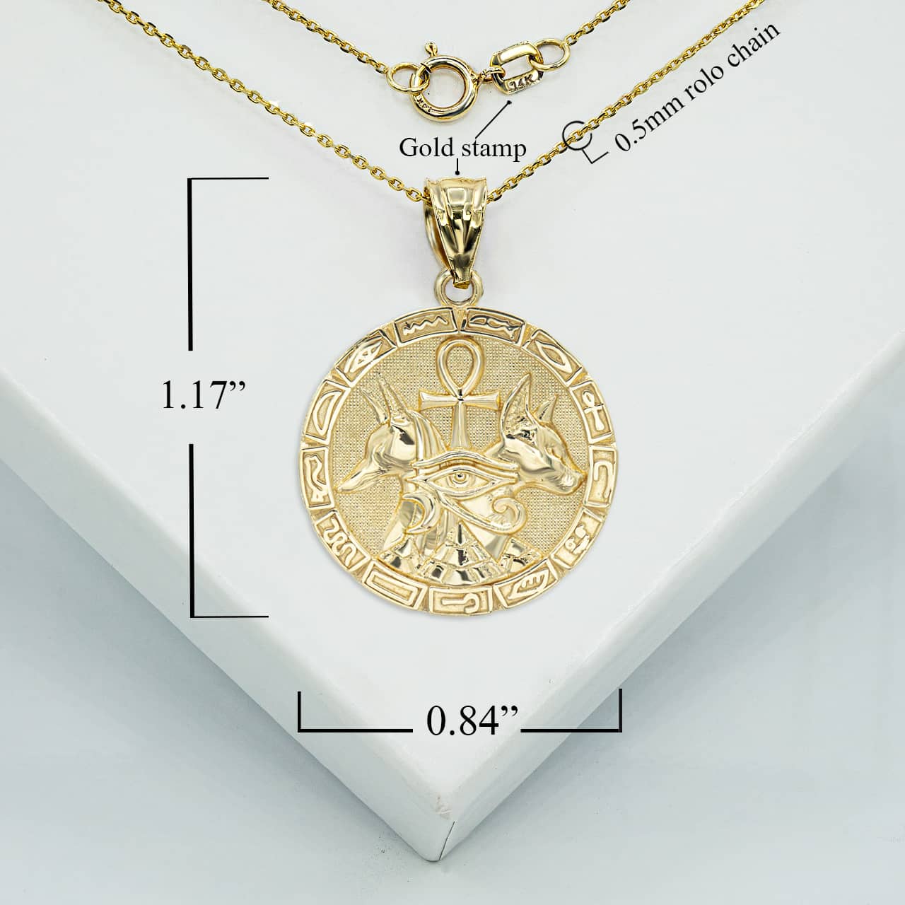 Gold Egyptian Anubis & Bastet Eye of Horus Ankh Medallion Pendant Necklace, view 3