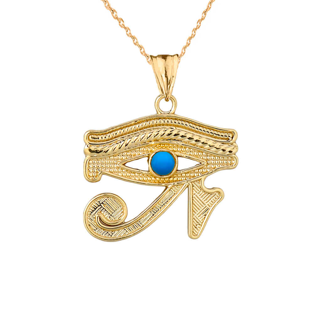 Gold Egyptian Eye of Horus Wadjat Turquoise Center Stone Pendant Necklace