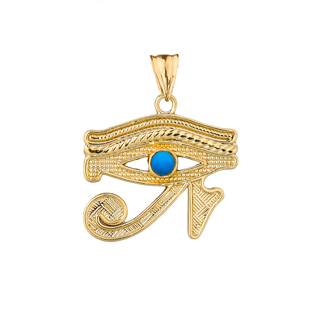 Gold Egyptian Eye of Horus Wadjat Turquoise Center Stone Pendant Necklace, view 4
