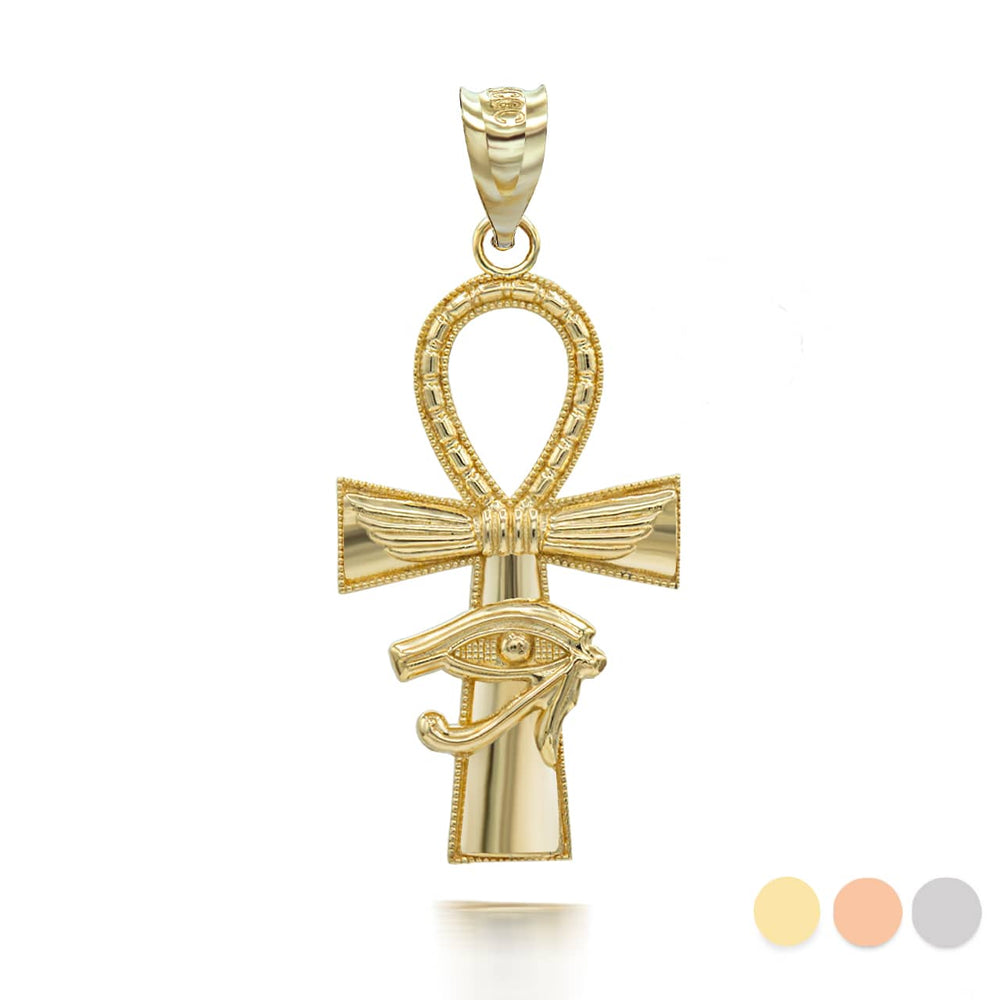 Gold Egyptian Winged Ankh Cross Eye of Horus Milgrain Pendant Necklace