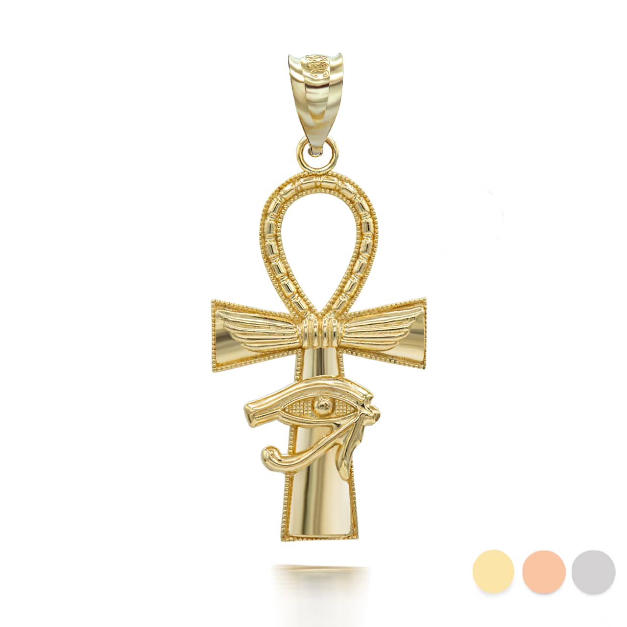 Gold Egyptian Winged Ankh Cross Eye of Horus Milgrain Pendant Necklace