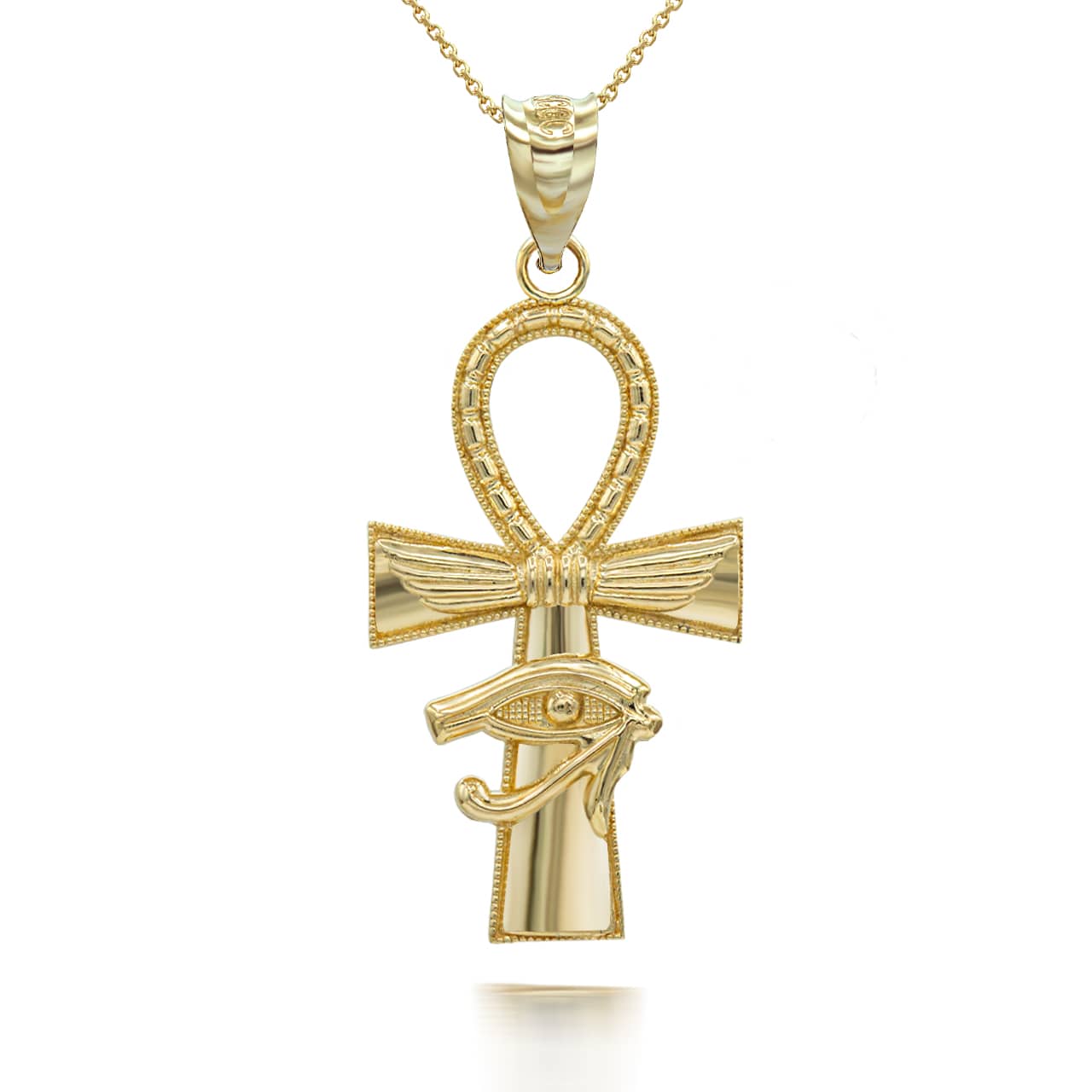 Gold Egyptian Winged Ankh Cross Eye of Horus Milgrain Pendant Necklace, view 2