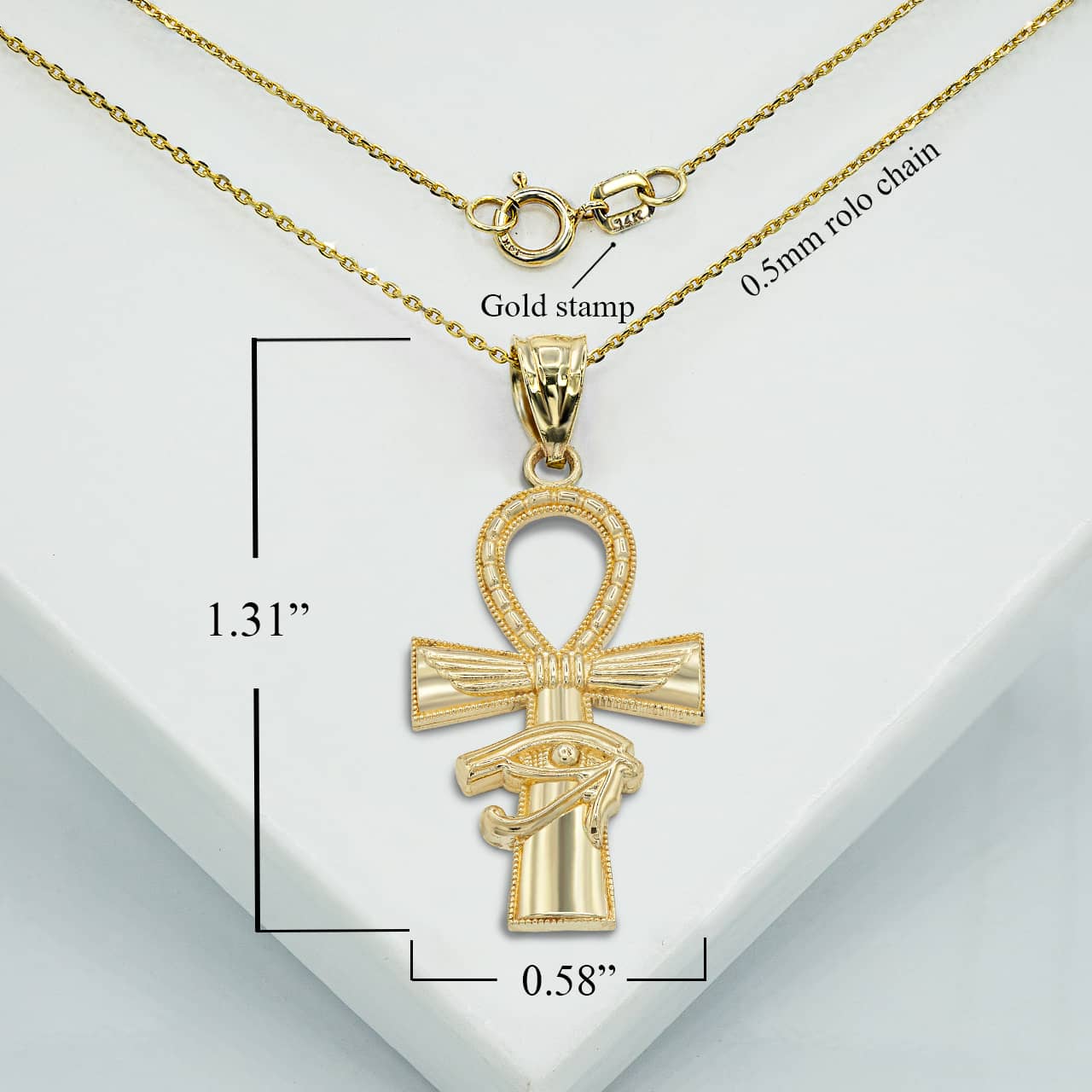 Gold Egyptian Winged Ankh Cross Eye of Horus Milgrain Pendant Necklace, view 3