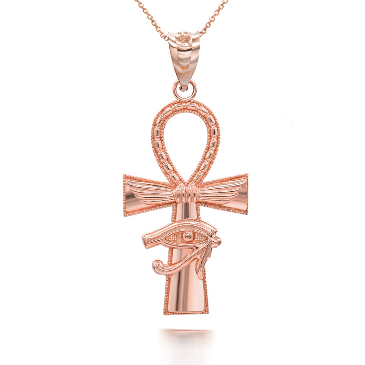 Gold Egyptian Winged Ankh Cross Eye of Horus Milgrain Pendant Necklace, view 5