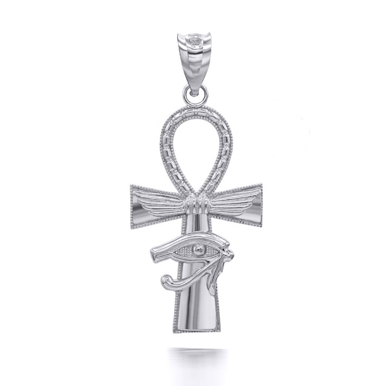 Gold Egyptian Winged Ankh Cross Eye of Horus Milgrain Pendant Necklace, view 6