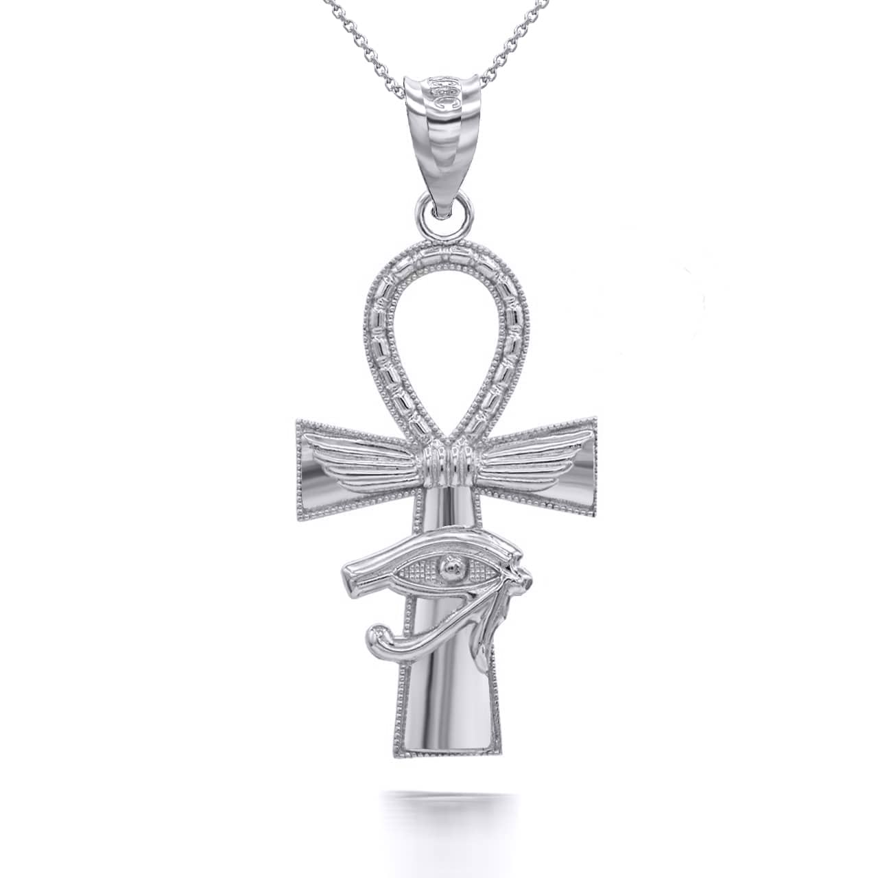 Gold Egyptian Winged Ankh Cross Eye of Horus Milgrain Pendant Necklace, view 7