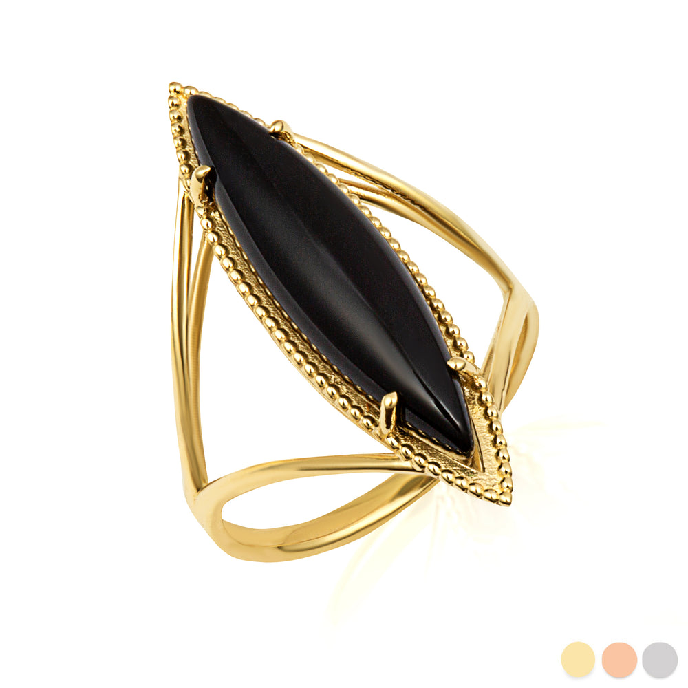 Gold Elongated Marquise Cut Black Onyx Gemstone Milgrain Ring