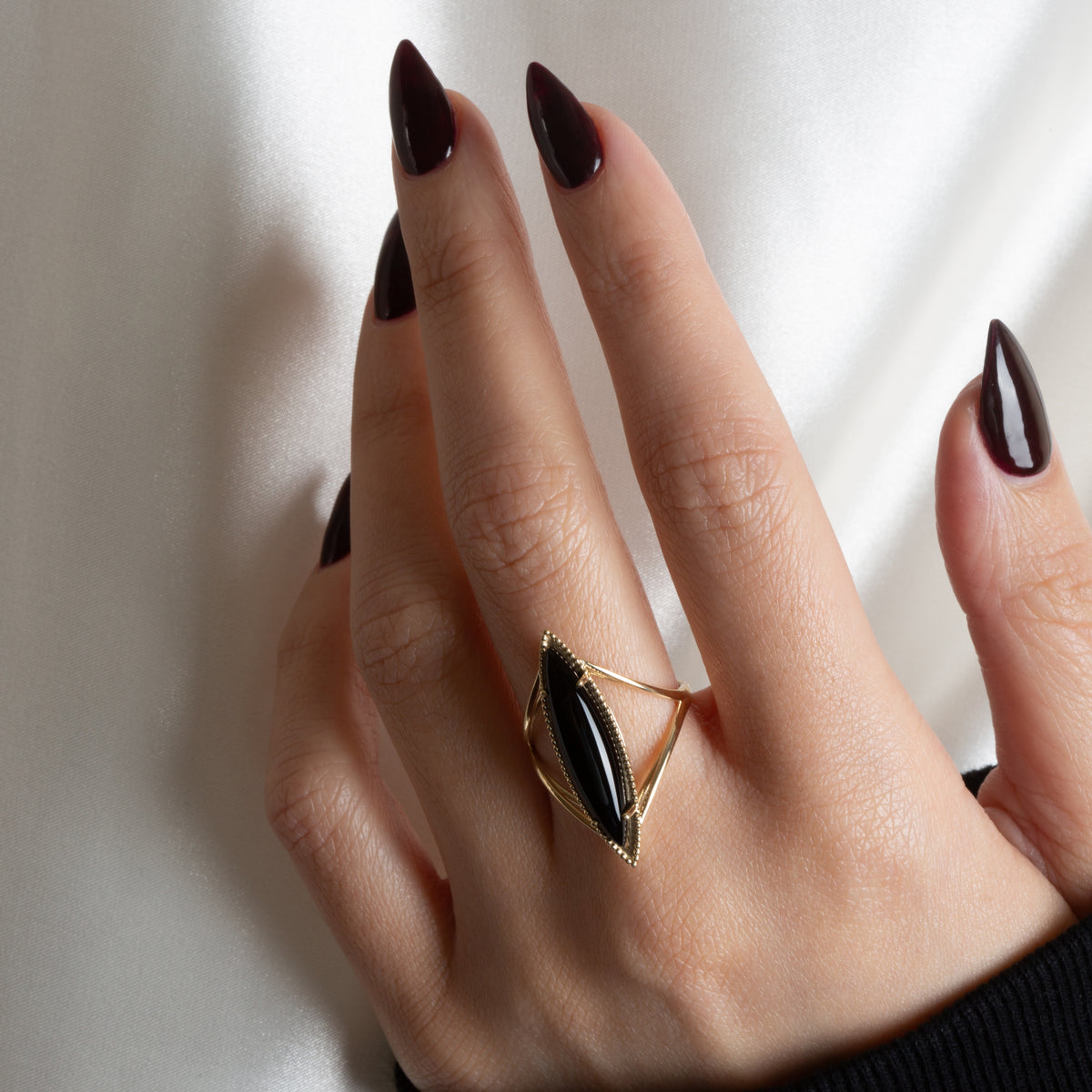 Gold Elongated Marquise Cut Black Onyx Gemstone Milgrain Ring, view 2
