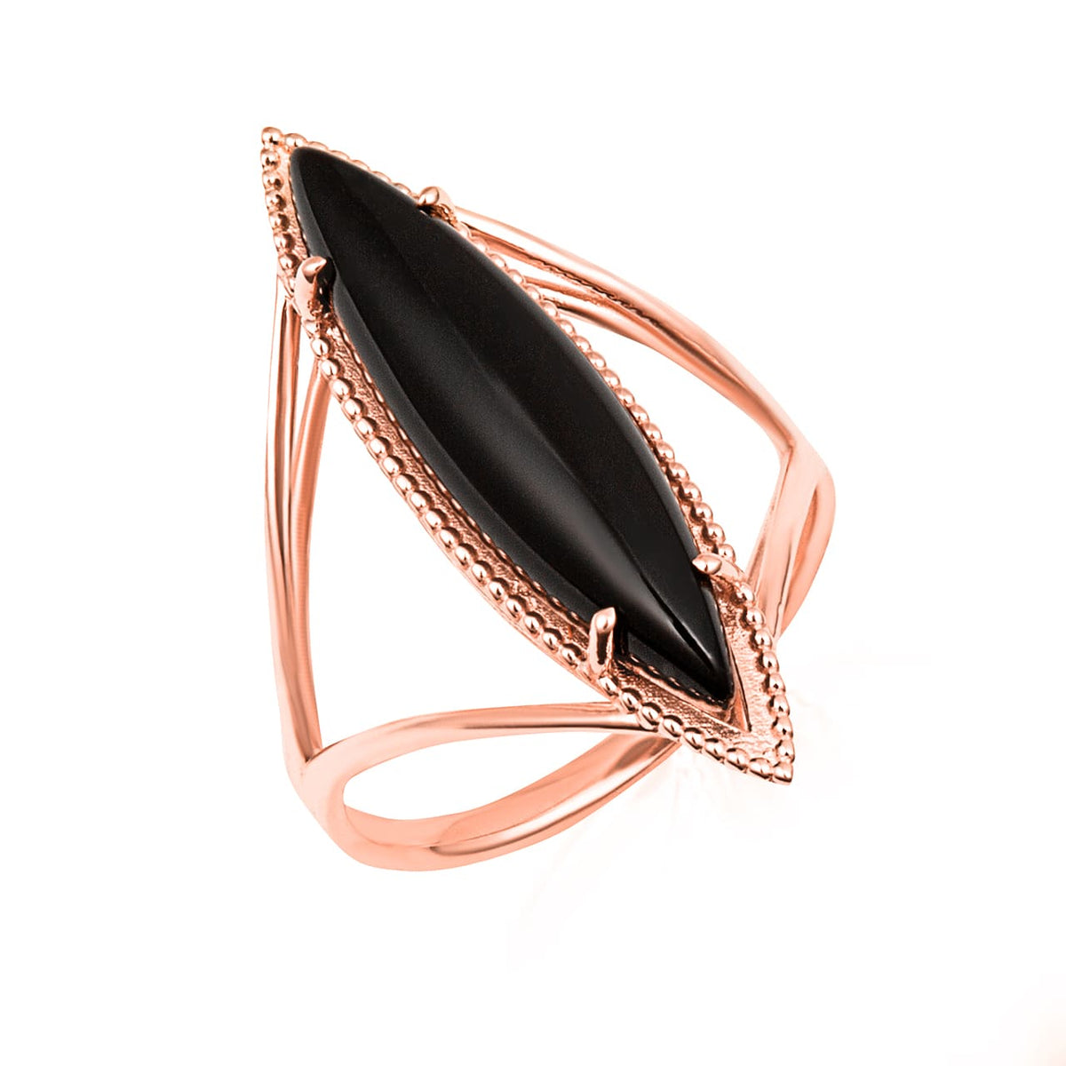 Gold Elongated Marquise Cut Black Onyx Gemstone Milgrain Ring, view 3