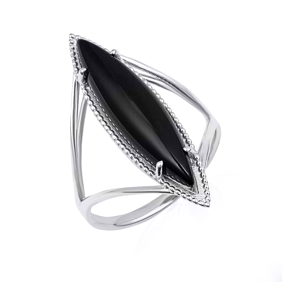 Gold Elongated Marquise Cut Black Onyx Gemstone Milgrain Ring, view 4