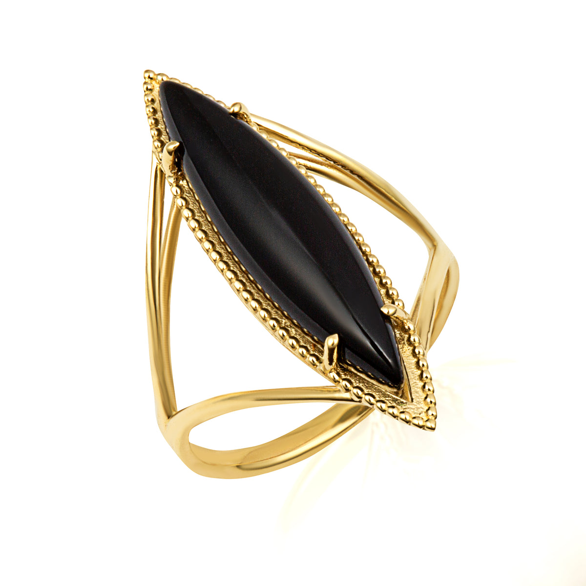 Gold Elongated Marquise Cut Black Onyx Gemstone Milgrain Ring, view 5