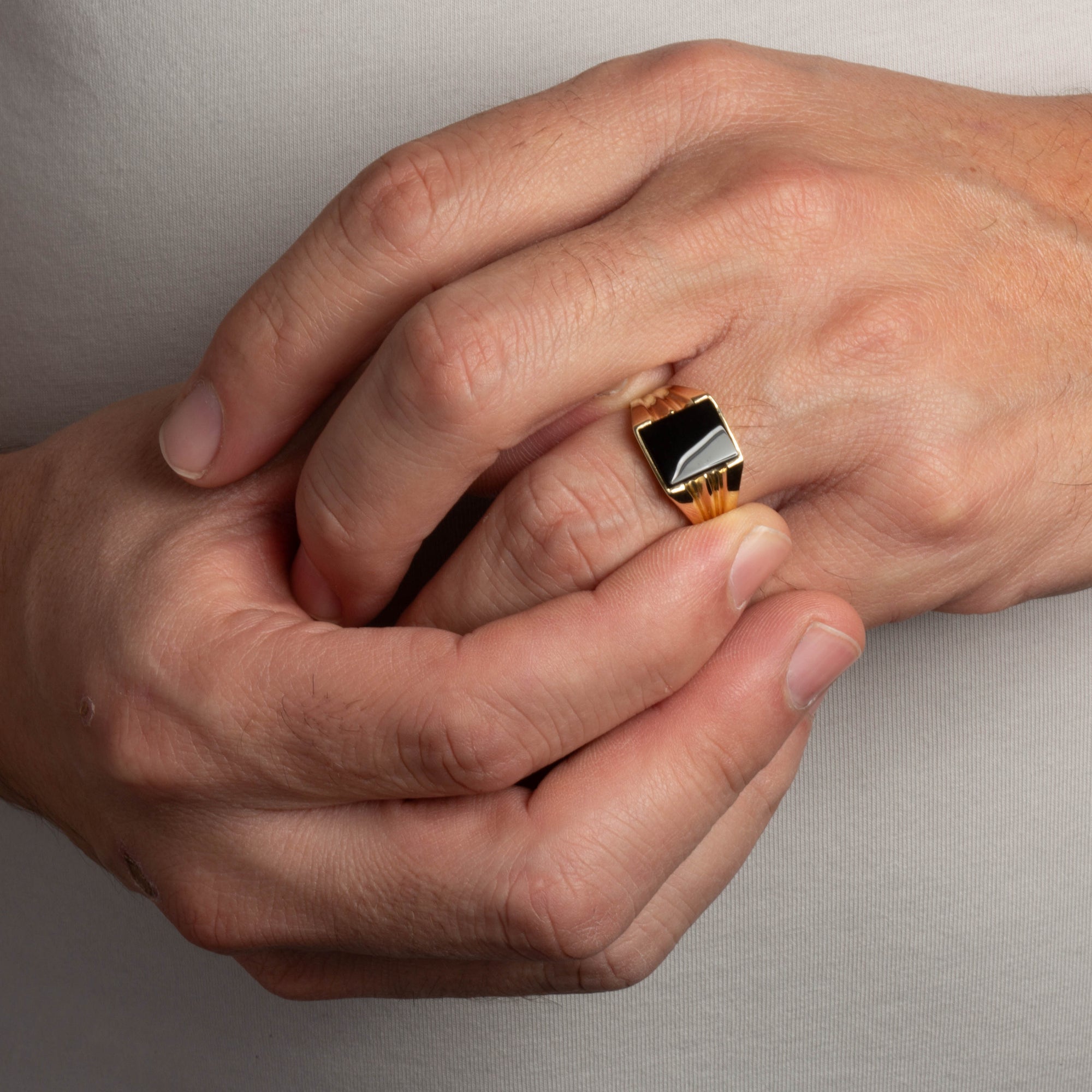 Gold Emerald Cut Black Onyx Gemstone Signet Ring, view 2