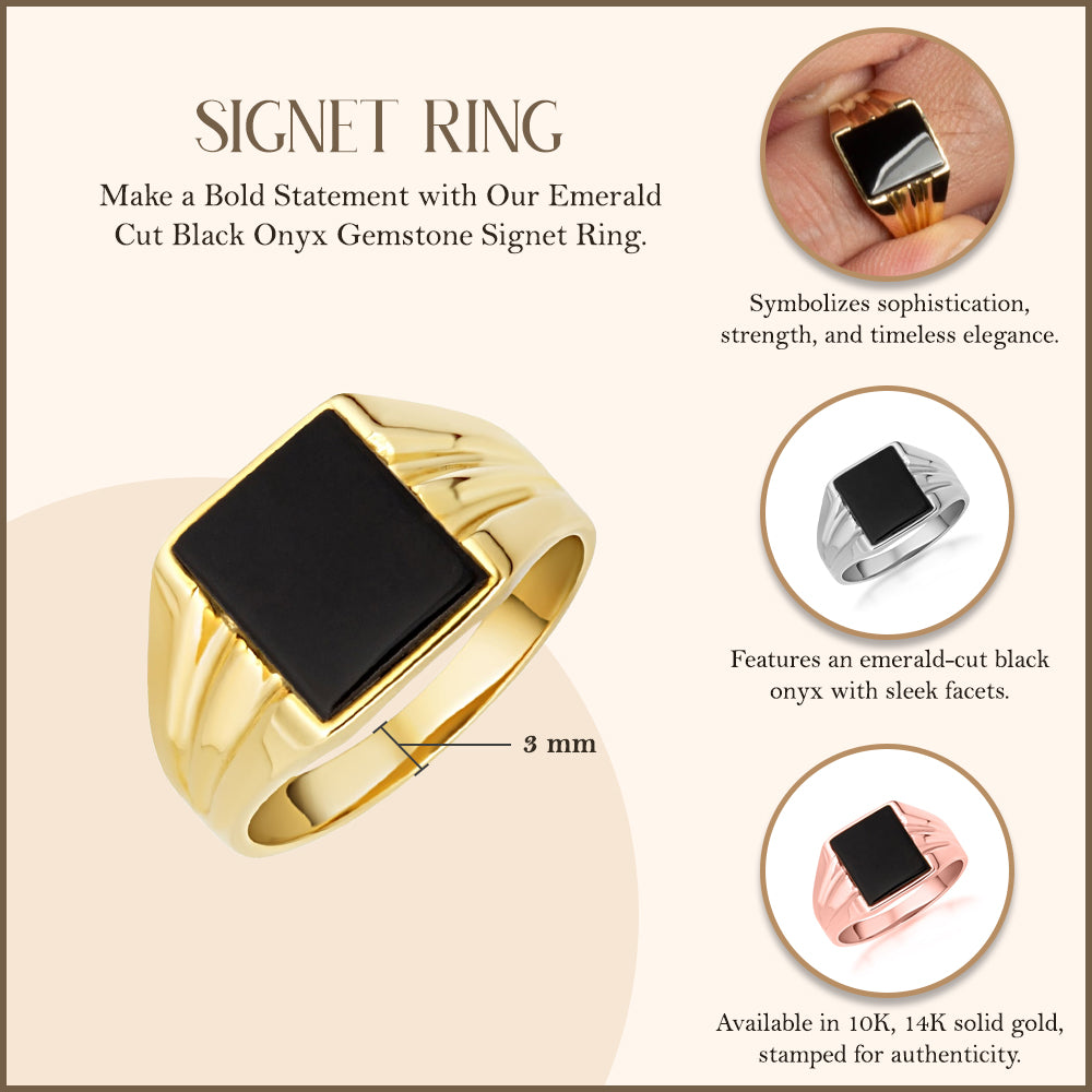 Gold Emerald Cut Black Onyx Gemstone Signet Ring, view 3