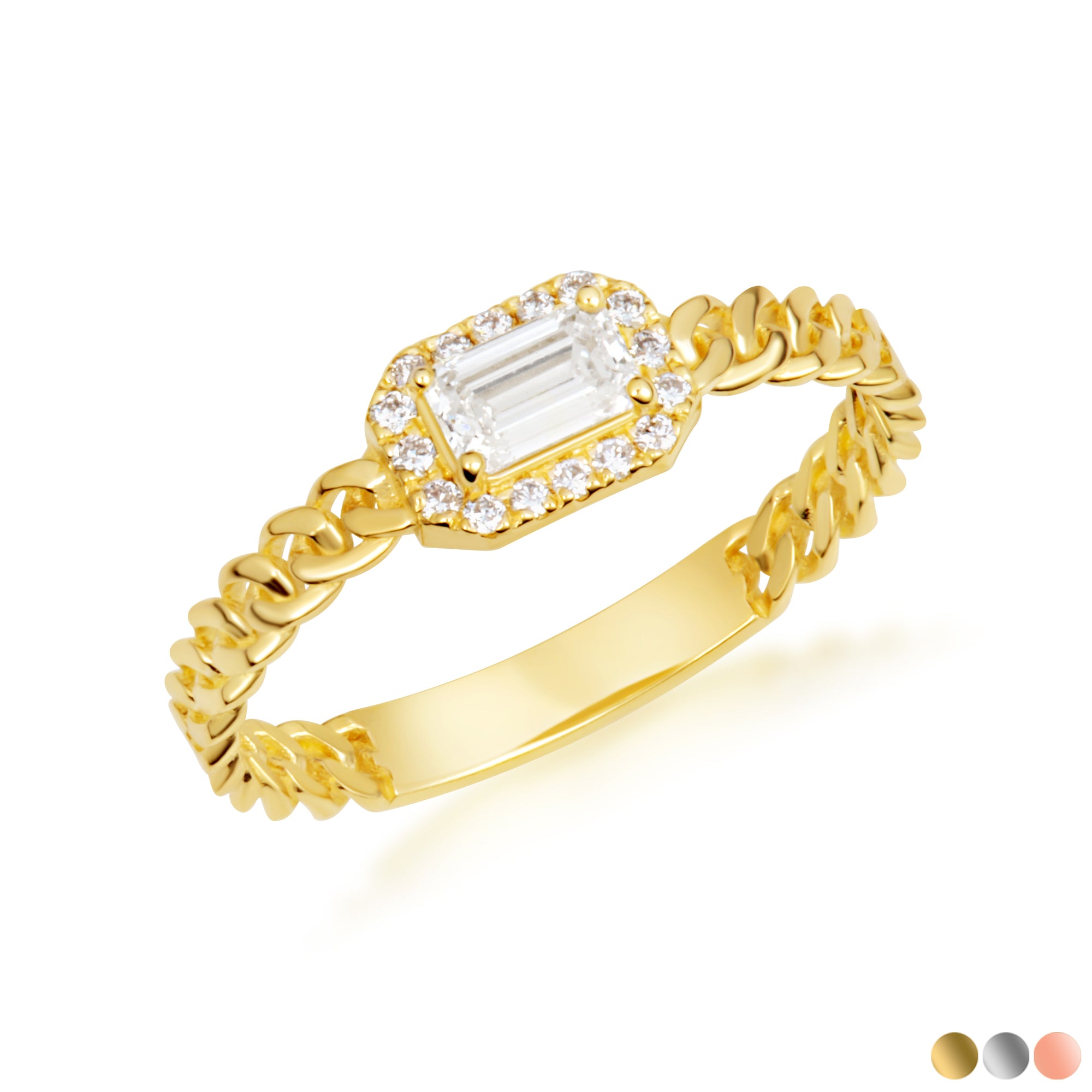 Gold Emerald Cut Lab-Grown Diamond Halo Cuban Chain Link Ring