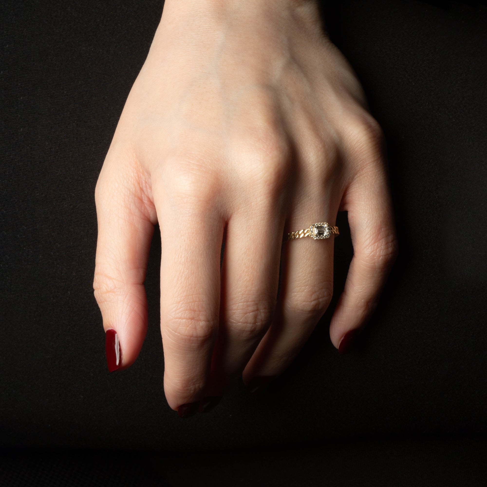 Gold Emerald Cut Lab-Grown Diamond Halo Cuban Chain Link Ring, view 2