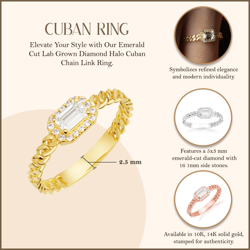Gold Emerald Cut Lab-Grown Diamond Halo Cuban Chain Link Ring, view 3