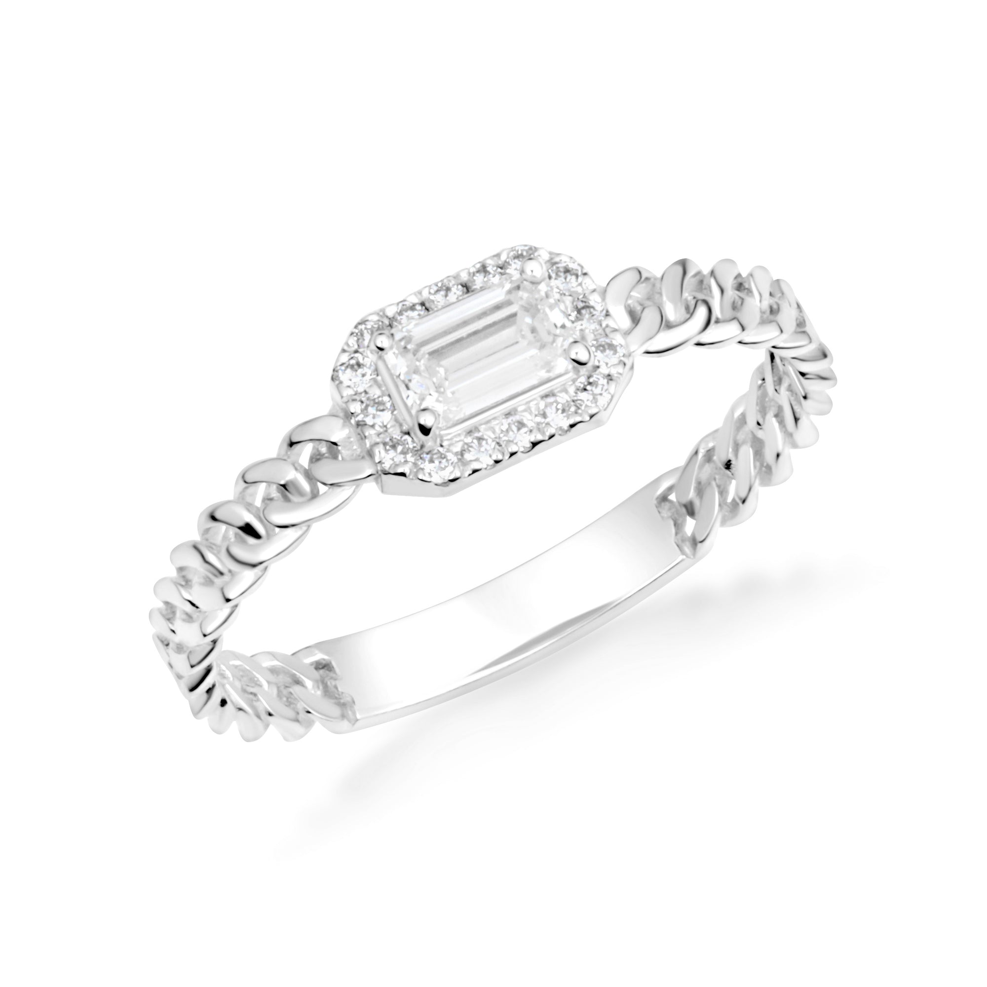 Gold Emerald Cut Lab-Grown Diamond Halo Cuban Chain Link Ring, view 4