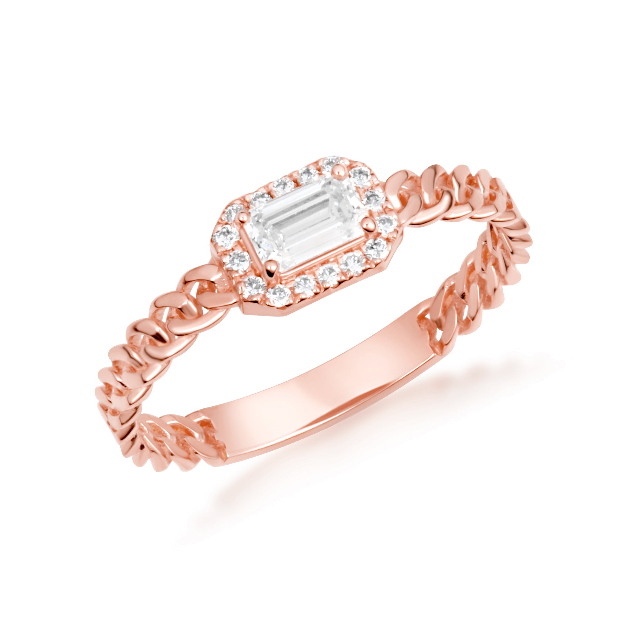 Gold Emerald Cut Lab-Grown Diamond Halo Cuban Chain Link Ring, view 5